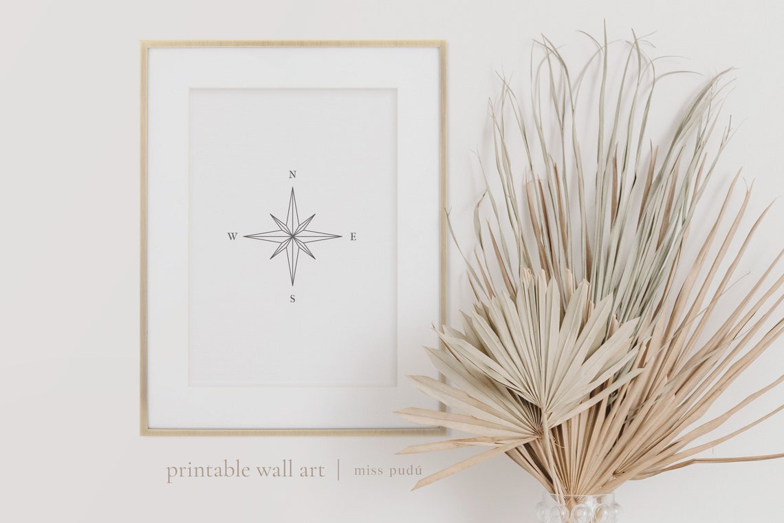 Compass Rose Fine Line Black And White Scandinavian Minimal Print