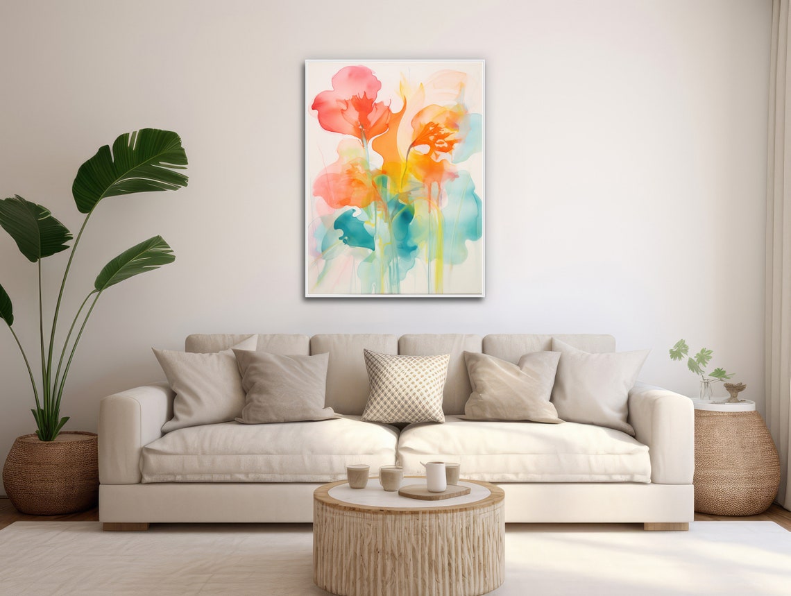 Soft Translucent Watercolor Bouquet Pink Orange Teal Art Poster - Image 3