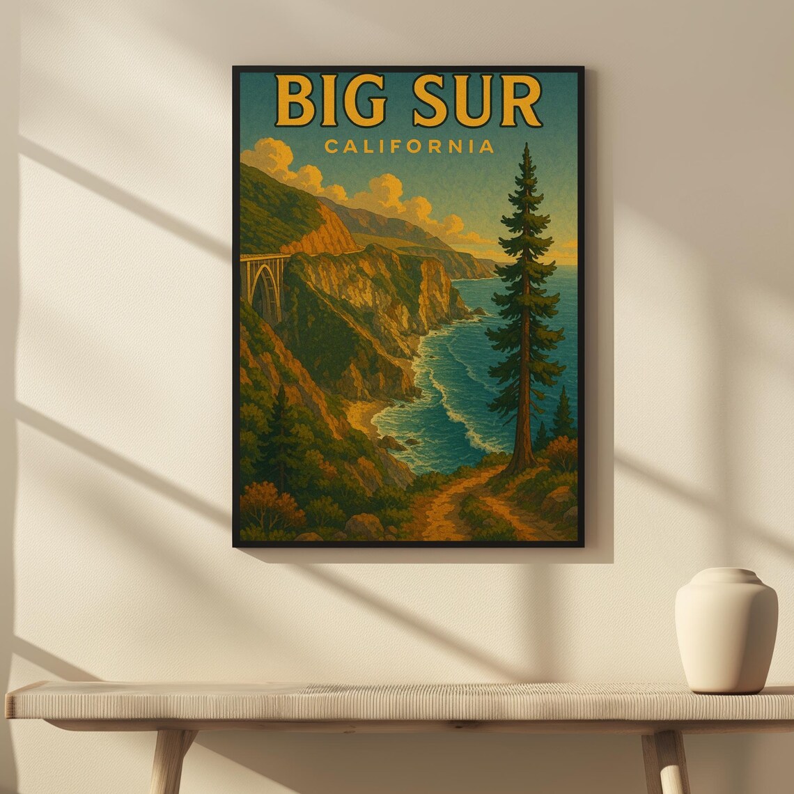 Big Sur California Vintage Coastal Cliffs Bixby Bridge Travel Poster