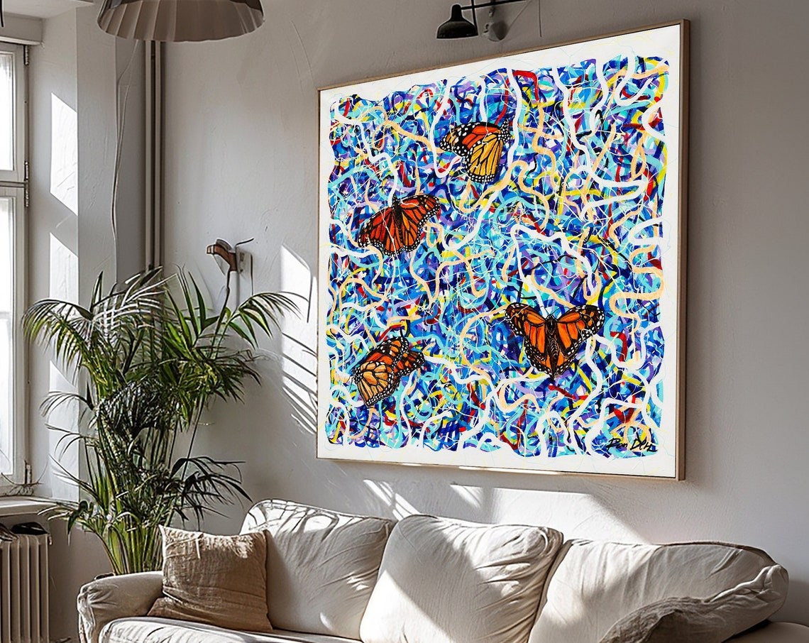 Monarch Butterflies Over a Blue and White Scribble Field Poster
