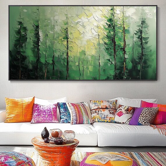 3d Abstract Textured Wall Art Original Green Forest Painting On Skyward View Trees Art Living Room Art Natural Scenery Painting