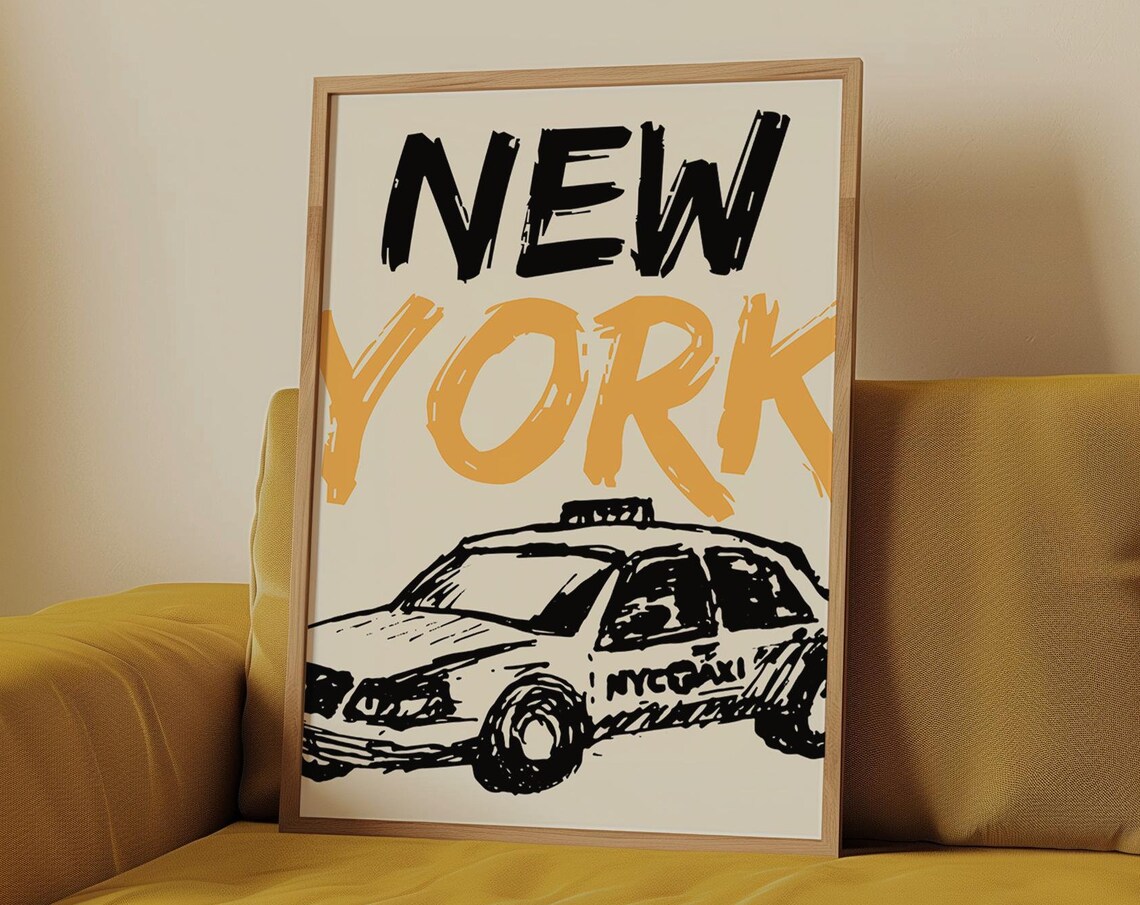 New York City Yellow Taxi Cab Hand Drawn Sketch Typography Poster - Image 5