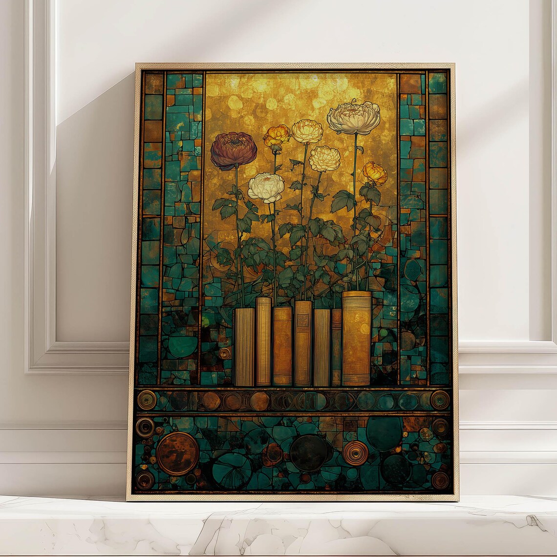 Books With Stained Glass Flowers, Botanical Bookshelf