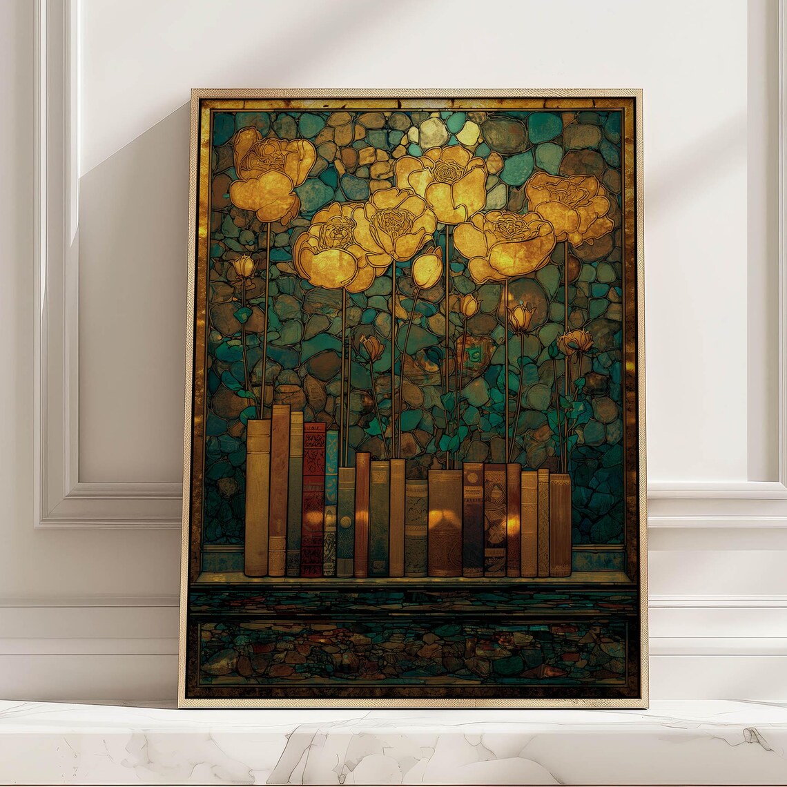 Floral Bookshelf Vintage Art Print, Reading Nook Decor