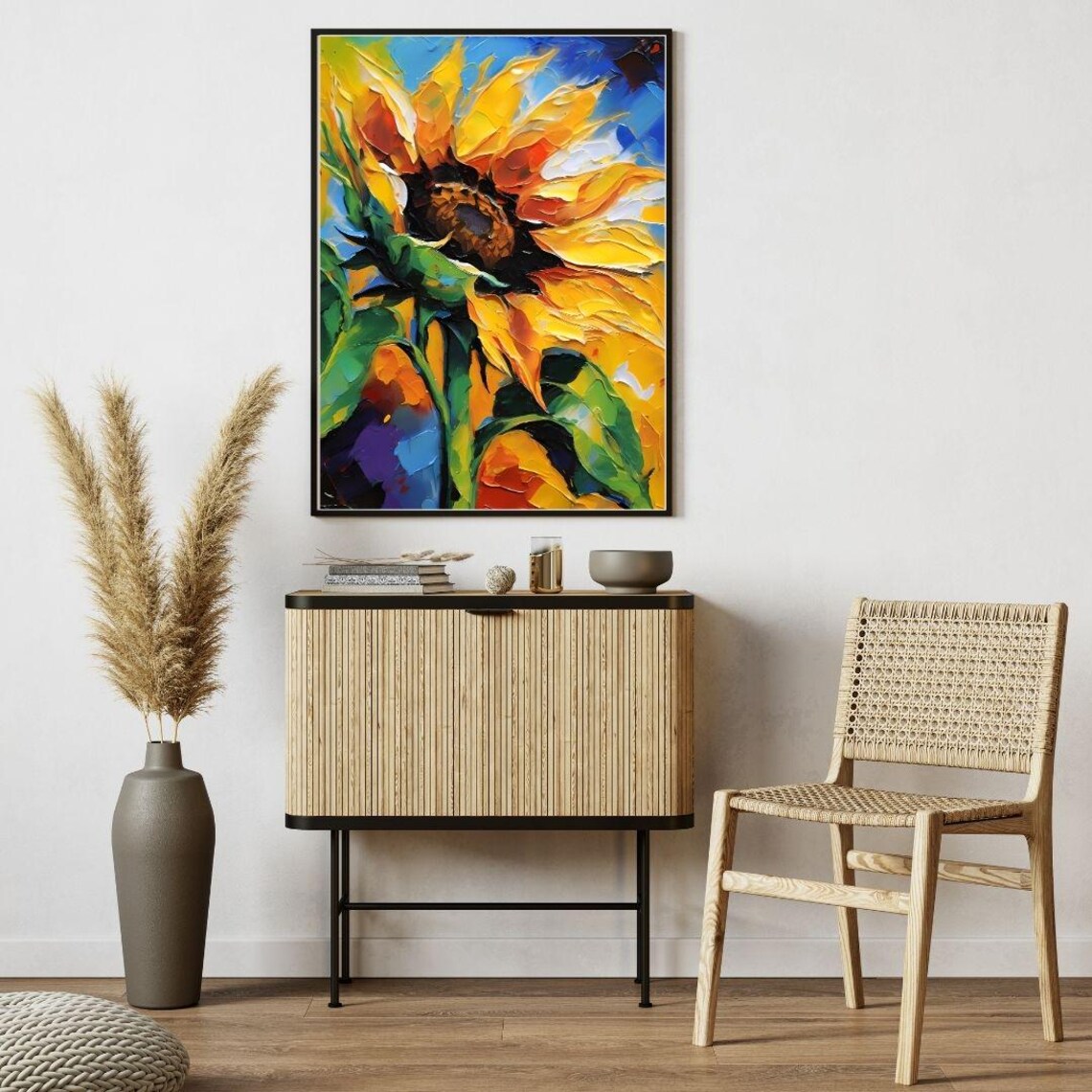 Bright Sunflower Impasto Oil Painting Blue Sky Summer Wall Art Print - Image 3