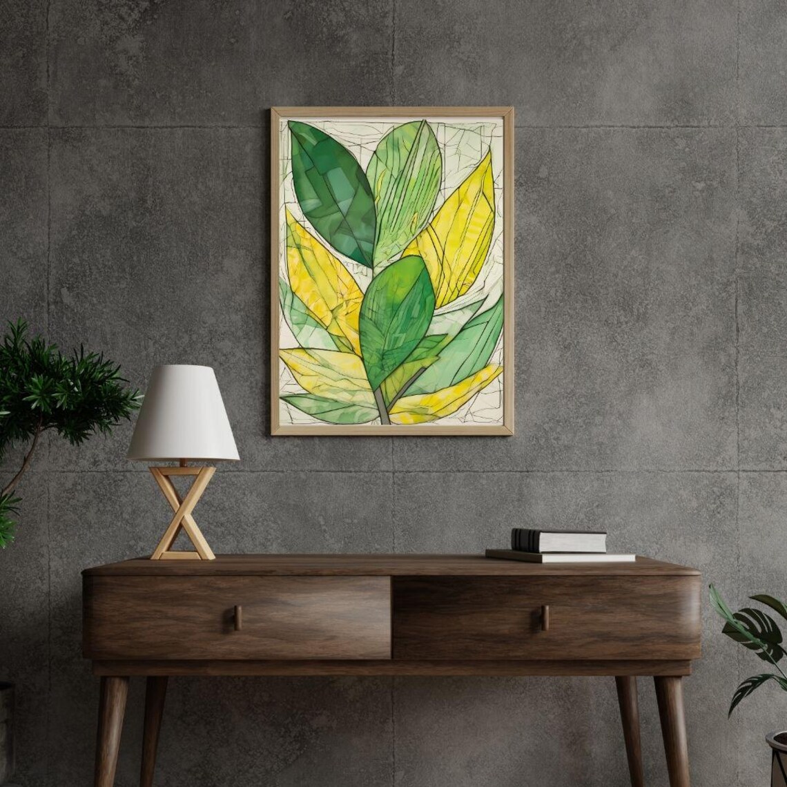 Green Yellow Botanical Leaves Watercolor Rubber Plant Sketch Art Print - Image 3