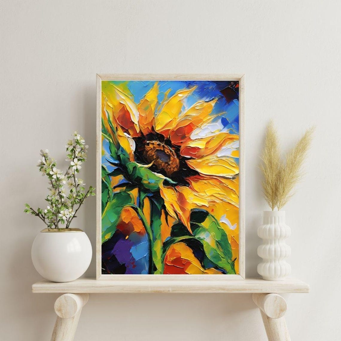 Bright Sunflower Impasto Oil Painting Blue Sky Summer Wall Art Print
