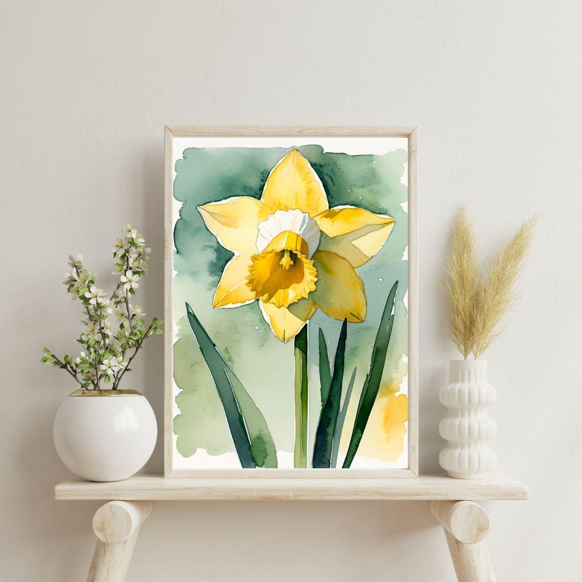 Yellow Daffodil Watercolor Spring Bloom Green Botanical Wall Art Print