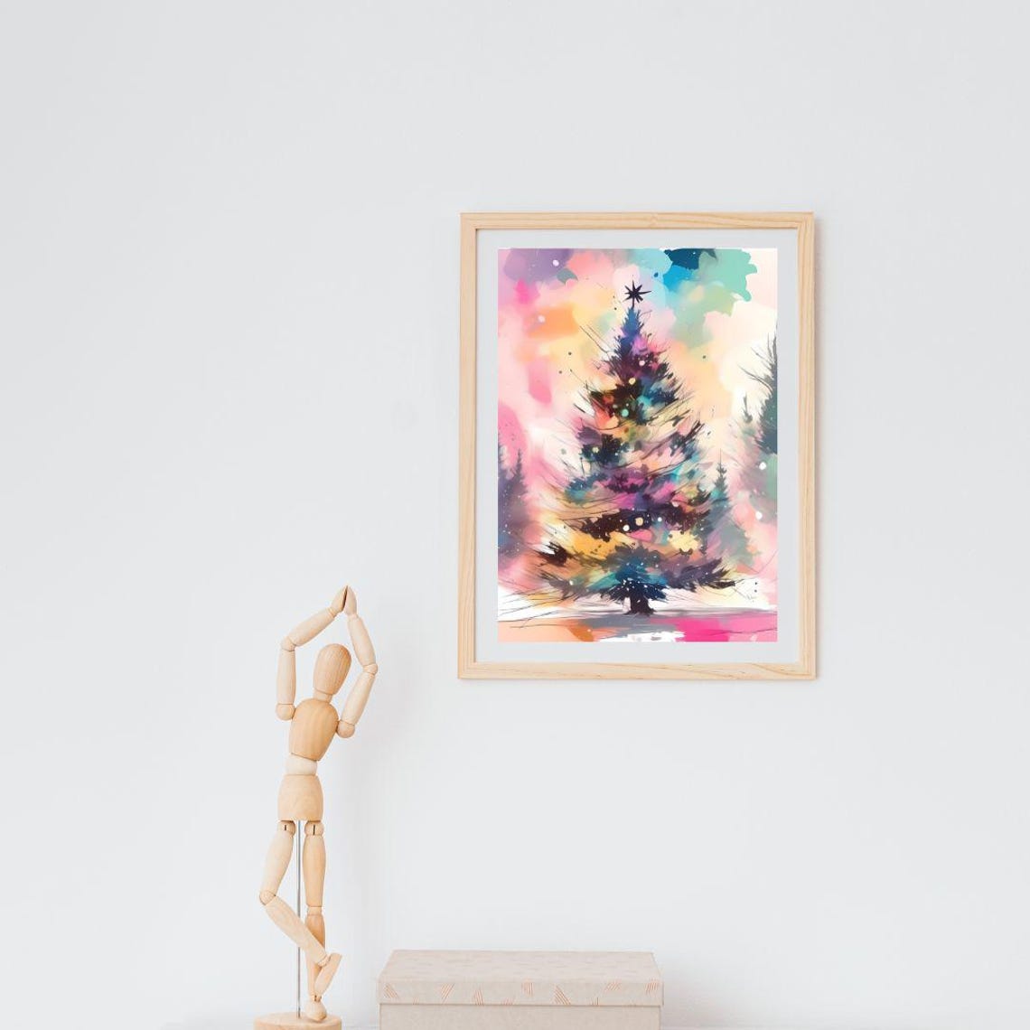 Colorful Christmas Tree Watercolor Pink Teal Holiday Wall Art - Image 2