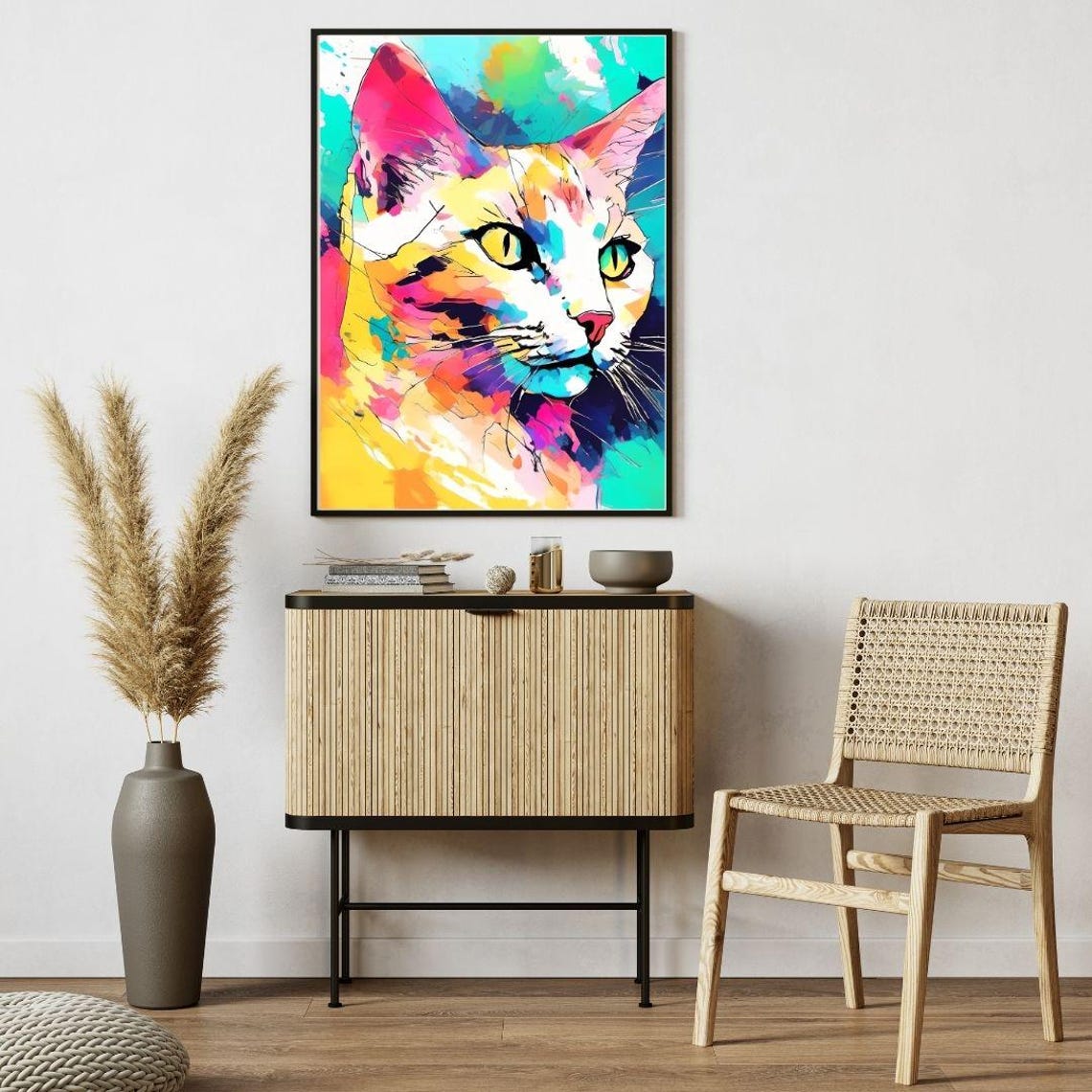 Colorful Pop Art Cat Portrait Teal Pink Yellow Modern Animal Wall Art - Image 3