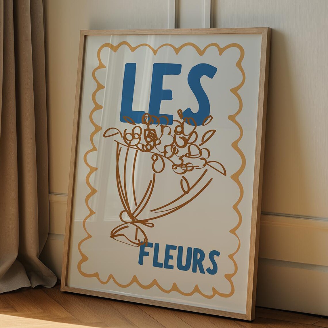 Les Fleurs French Flower Bouquet Blue and Gold Market Art Poster