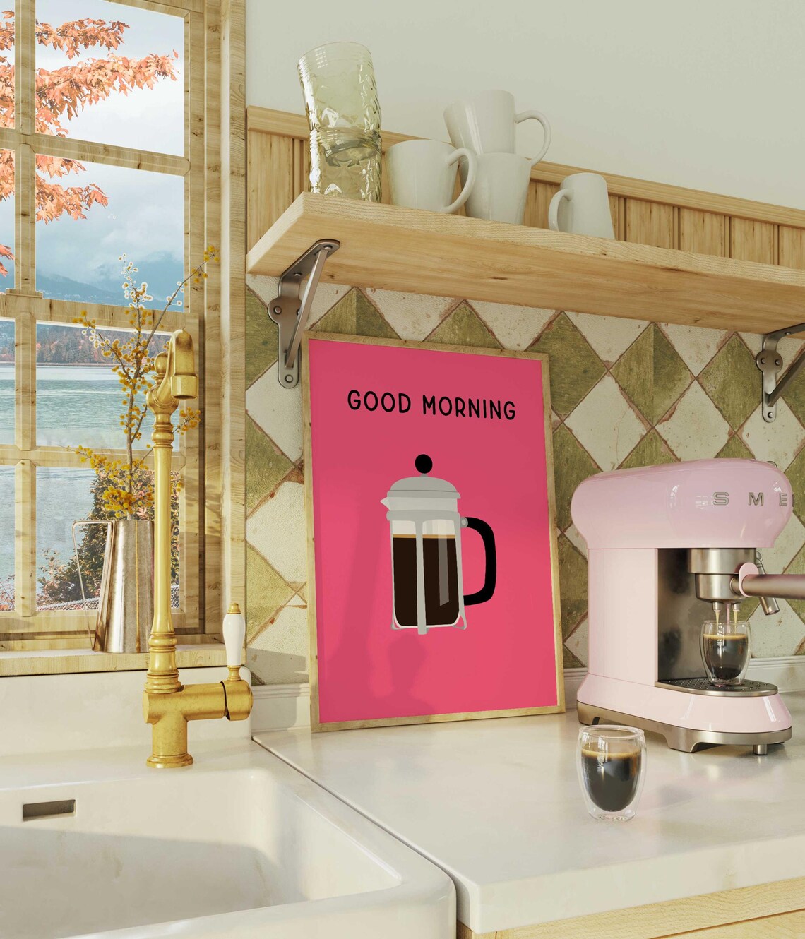 Good Morning French Press Hot Pink Bold Modern Coffee Poster - Image 3