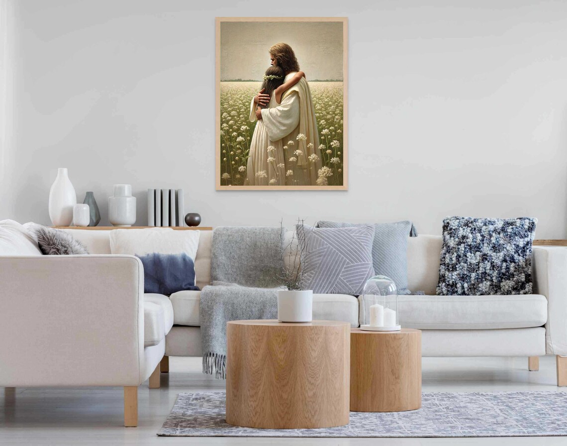 Jesus Holding Girl With Flower Crown In Field Of White Blossoms Poster - Image 7