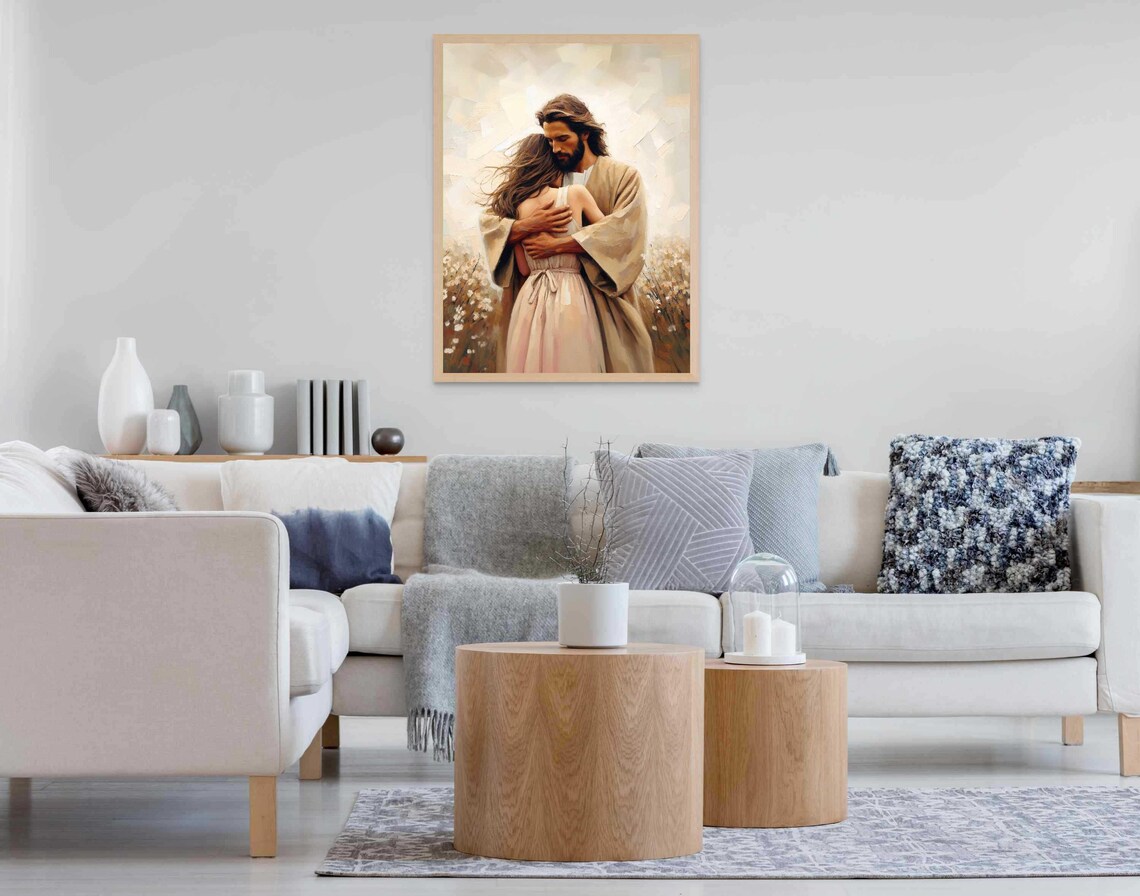 Jesus Embracing Young Woman In Windblown Hair Flower Field Poster - Image 5