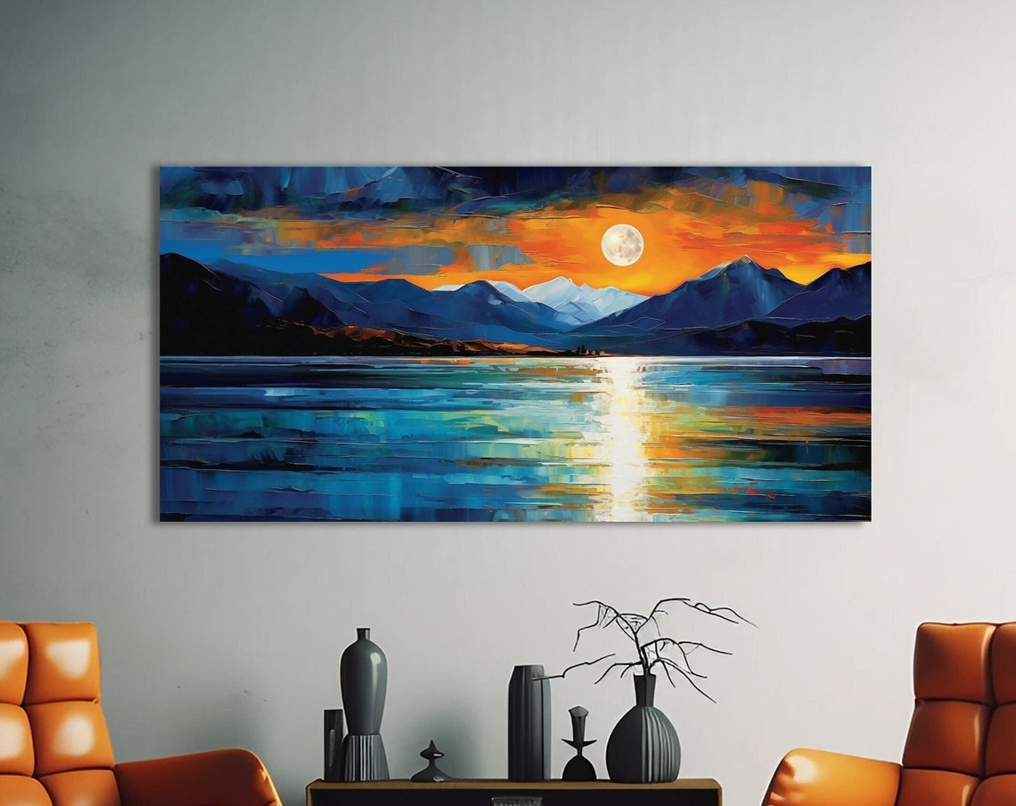 Panoramic Landscape Art Blue Teal Orange Wall Decor Bold Seascape Art Cool Unique Abstract Wall Art Bachelor Pad Art Over The Sofa Art - Image 2