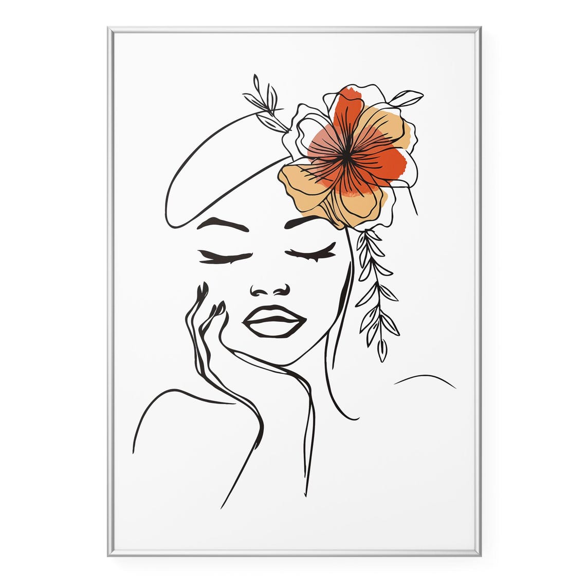 Minimalist Line Art Woman Closed Eyes Orange Flower Hair Boho Wall Art