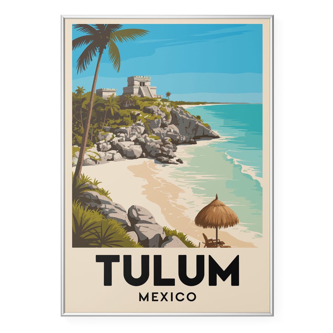 Tulum Mexico Mayan Ruins Cliffside Beach Retro Caribbean Travel Poster