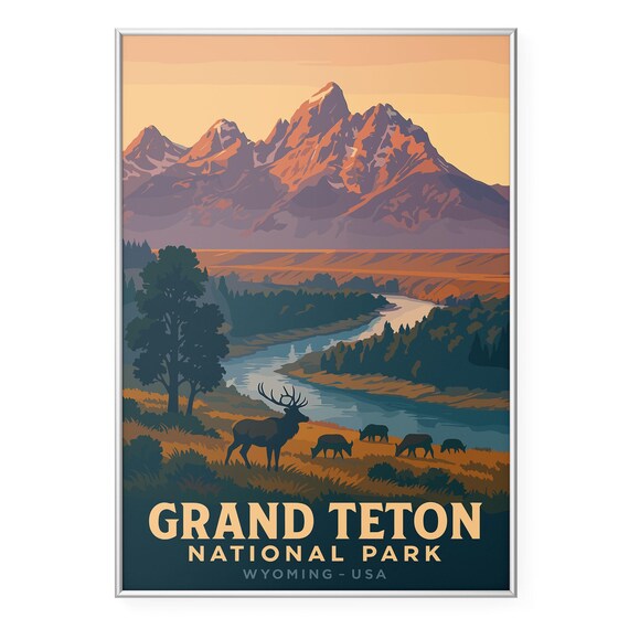 Grand Teton National Park Elk River Sunset Wildlife Art Poster