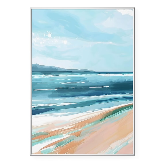 Relaxing Turquoise Beach Watercolor Seaside Ocean Waves Art Poster