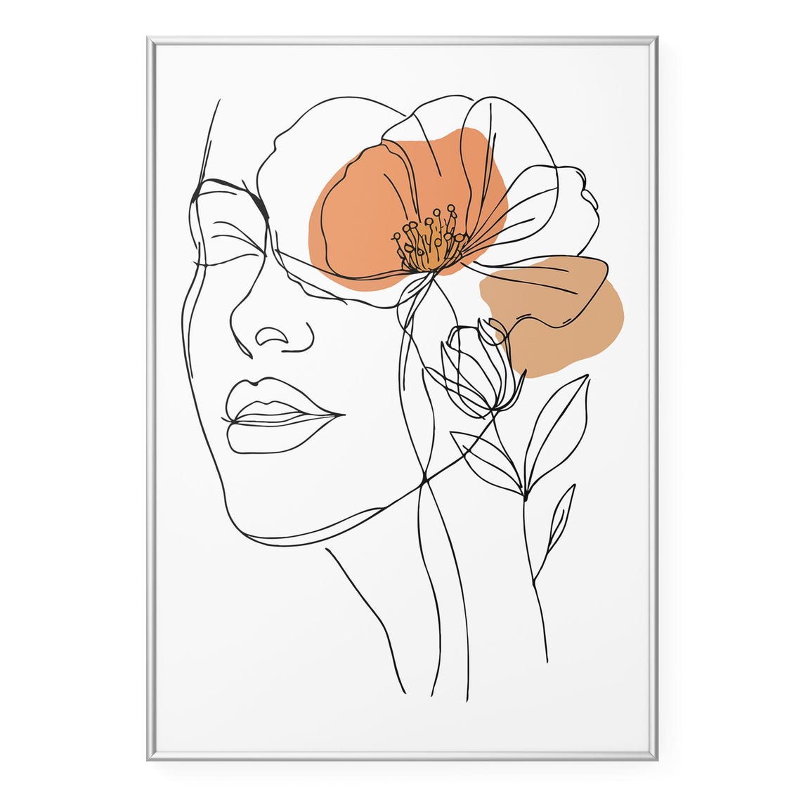 Female Face Line Art With Poppy Flower Neutral Boho Wall Art