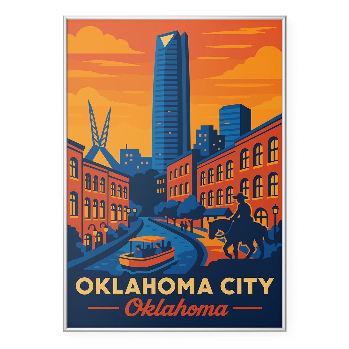 Oklahoma City Bricktown Canal Sunset Retro Skyline Travel Poster