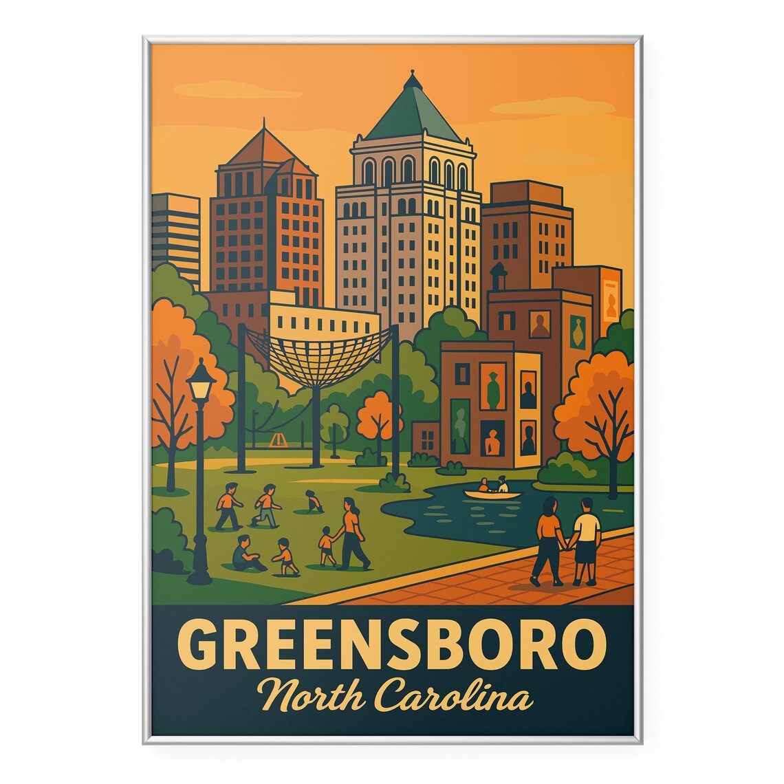 Greensboro North Carolina Sunset Travel Poster with Park Scene