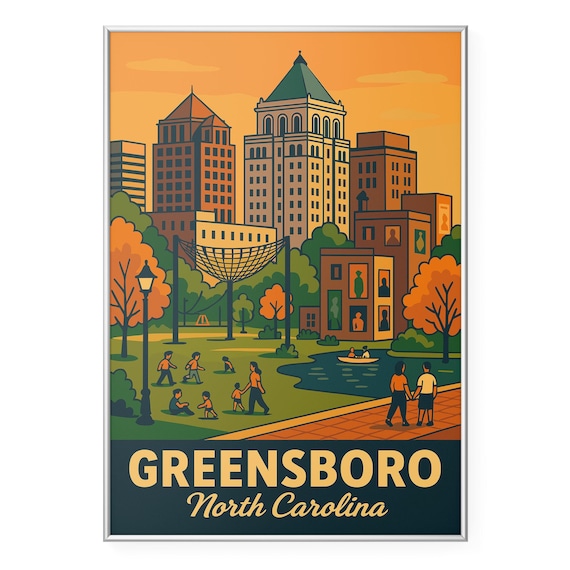 Greensboro North Carolina Sunset Travel Poster with Park Scene