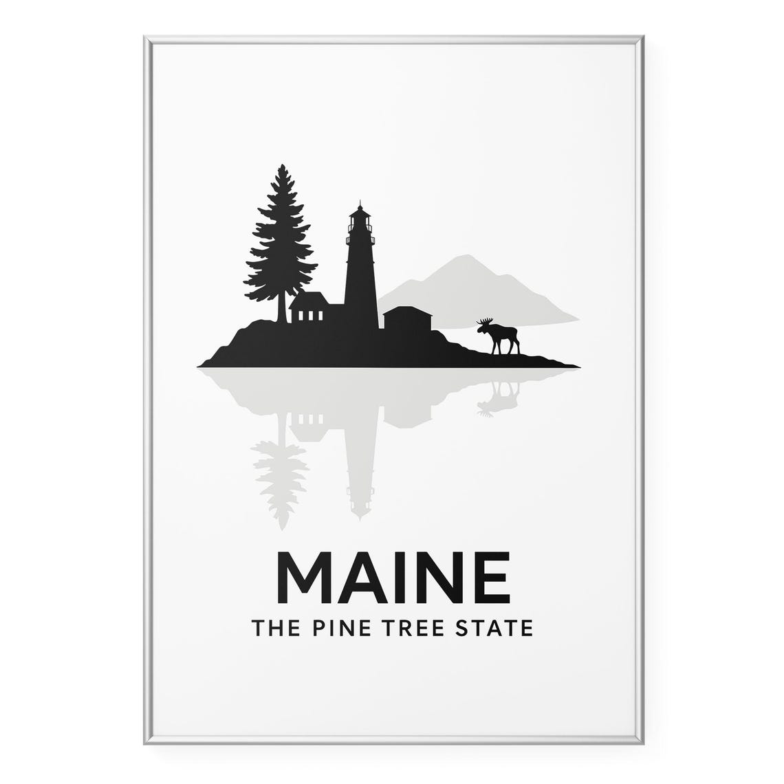 Maine Pine Tree State Lighthouse Moose Nature Silhouette Poster