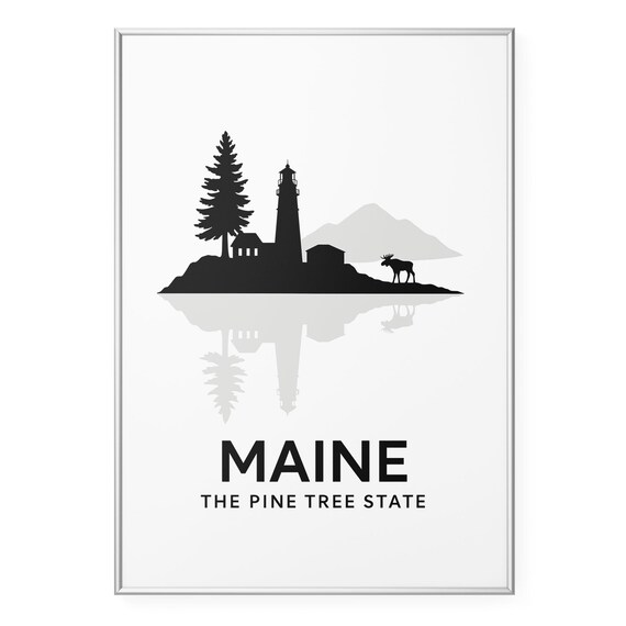 Maine Pine Tree State Lighthouse Moose Nature Silhouette Poster