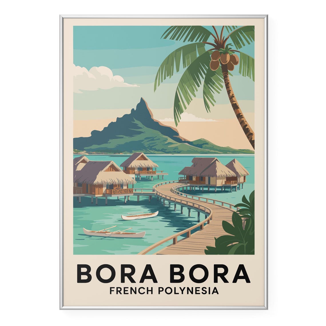 Bora Bora French Polynesia Overwater Bungalows Travel Poster with Palm