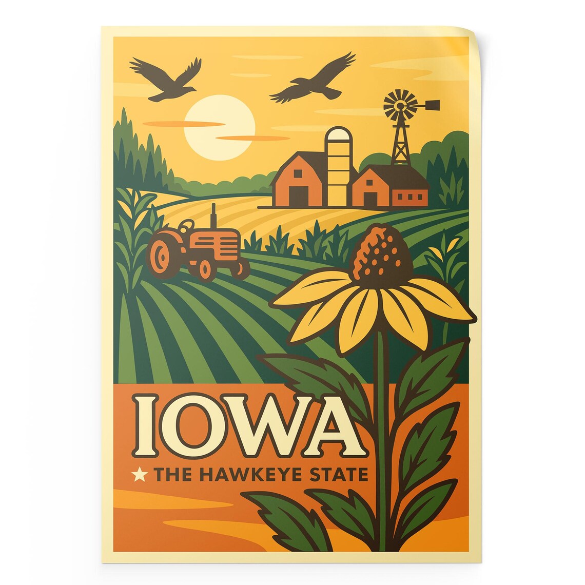 Iowa The Hawkeye State Retro Farm Barn Sunset Field Travel Poster