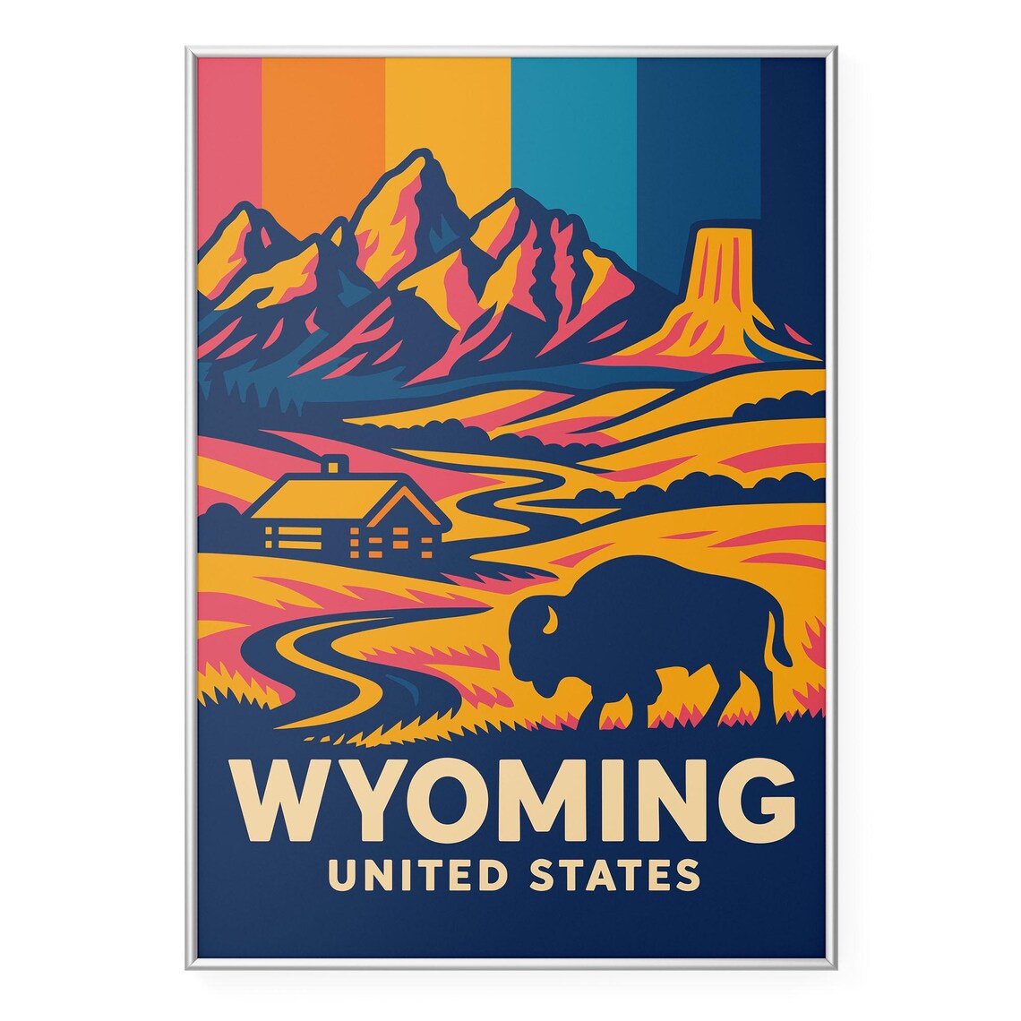 Wyoming Grand Teton Bison Western Sunset Retro Travel Poster