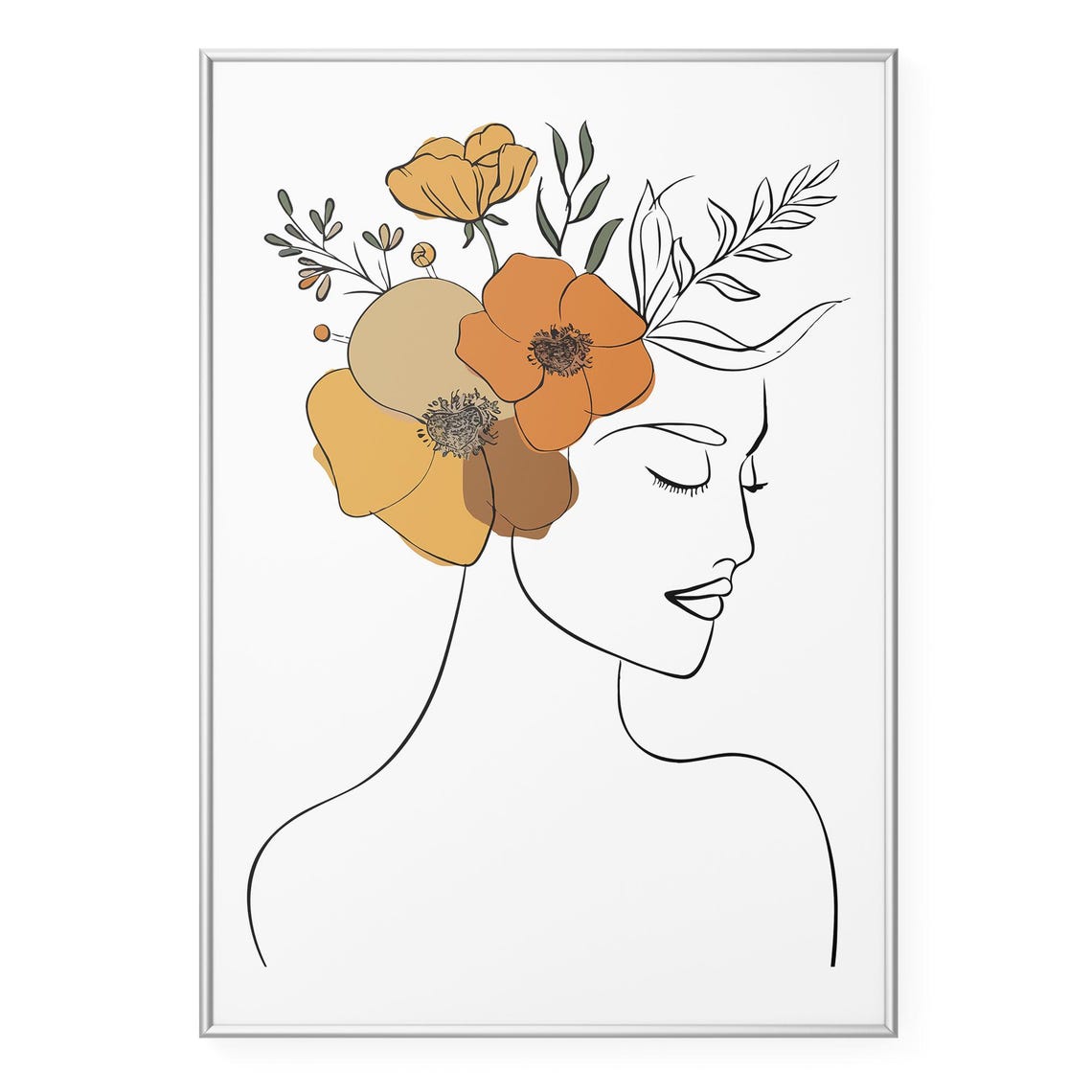 Minimalist Woman Profile Line Art Orange Poppies Decor Print