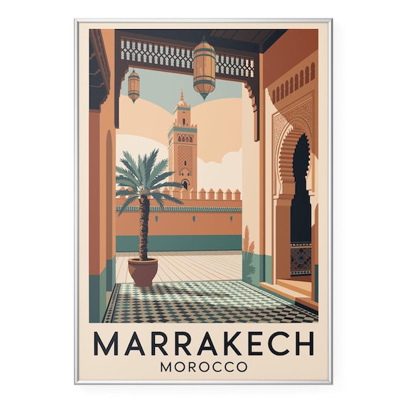 Marrakech Morocco Courtyard Travel Poster with Koutoubia Minaret View