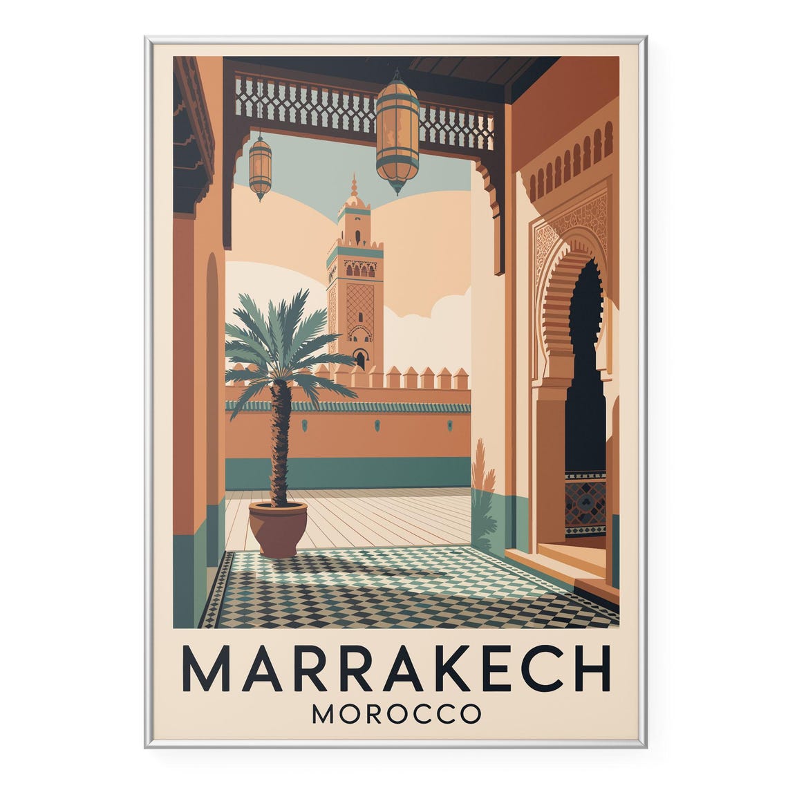 Marrakech Morocco Courtyard Travel Poster with Koutoubia Minaret View