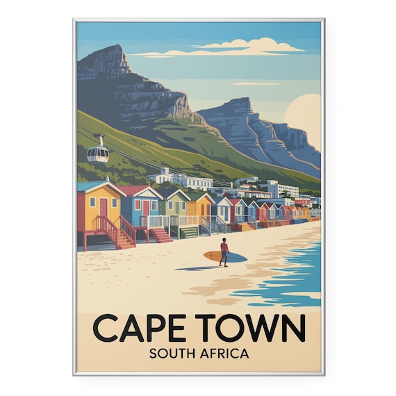 Cape Town South Africa Beach Huts Travel Poster with Table Mountain