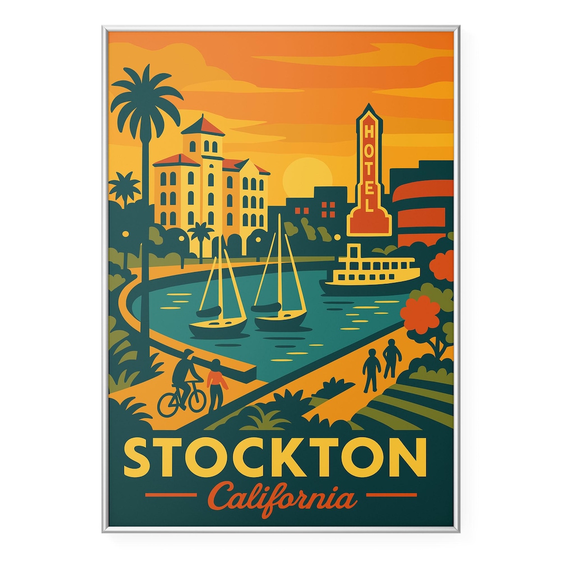 Stockton California Vintage Marina Sunset Retro Travel Poster