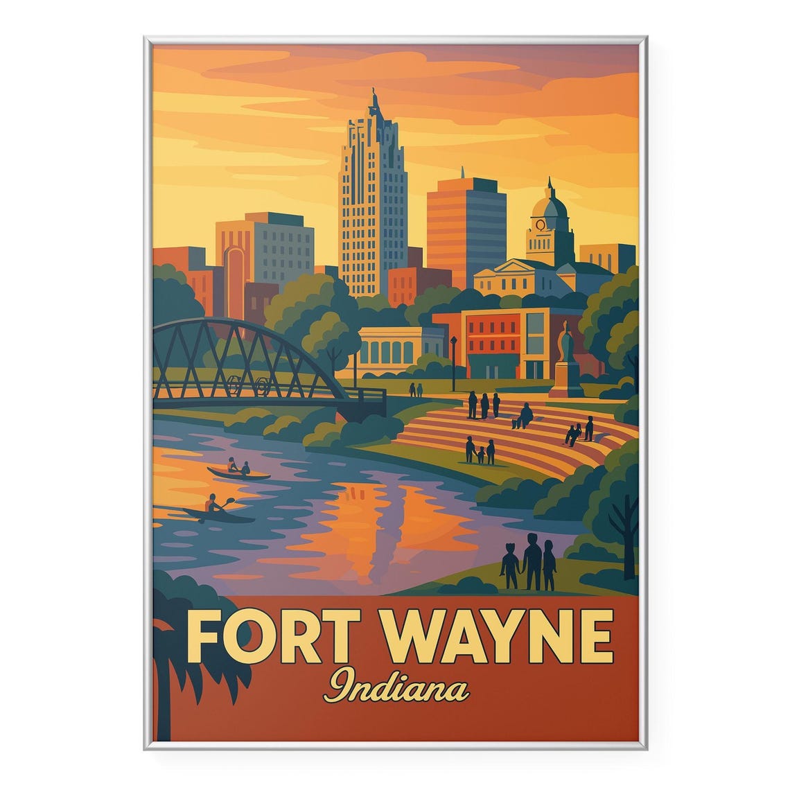 Fort Wayne Indiana Golden Riverfront Bridge Sunset Travel Poster