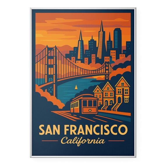 San Francisco Sunset Travel Poster Golden Gate Bridge and Cable Car Art