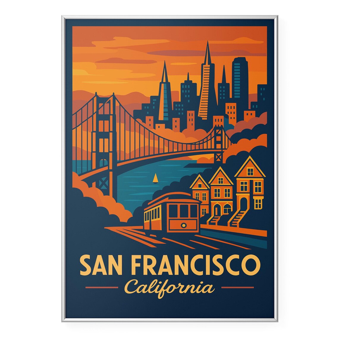 San Francisco Sunset Travel Poster Golden Gate Bridge and Cable Car Art