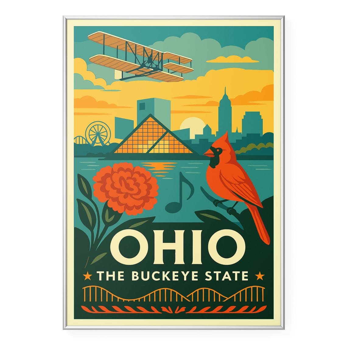 Ohio The Buckeye State Retro Cardinal Sunset Travel Art Poster