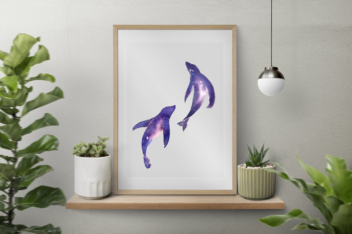 Purple Galaxy Watercolor Whales Minimalist Whimsical Art Print