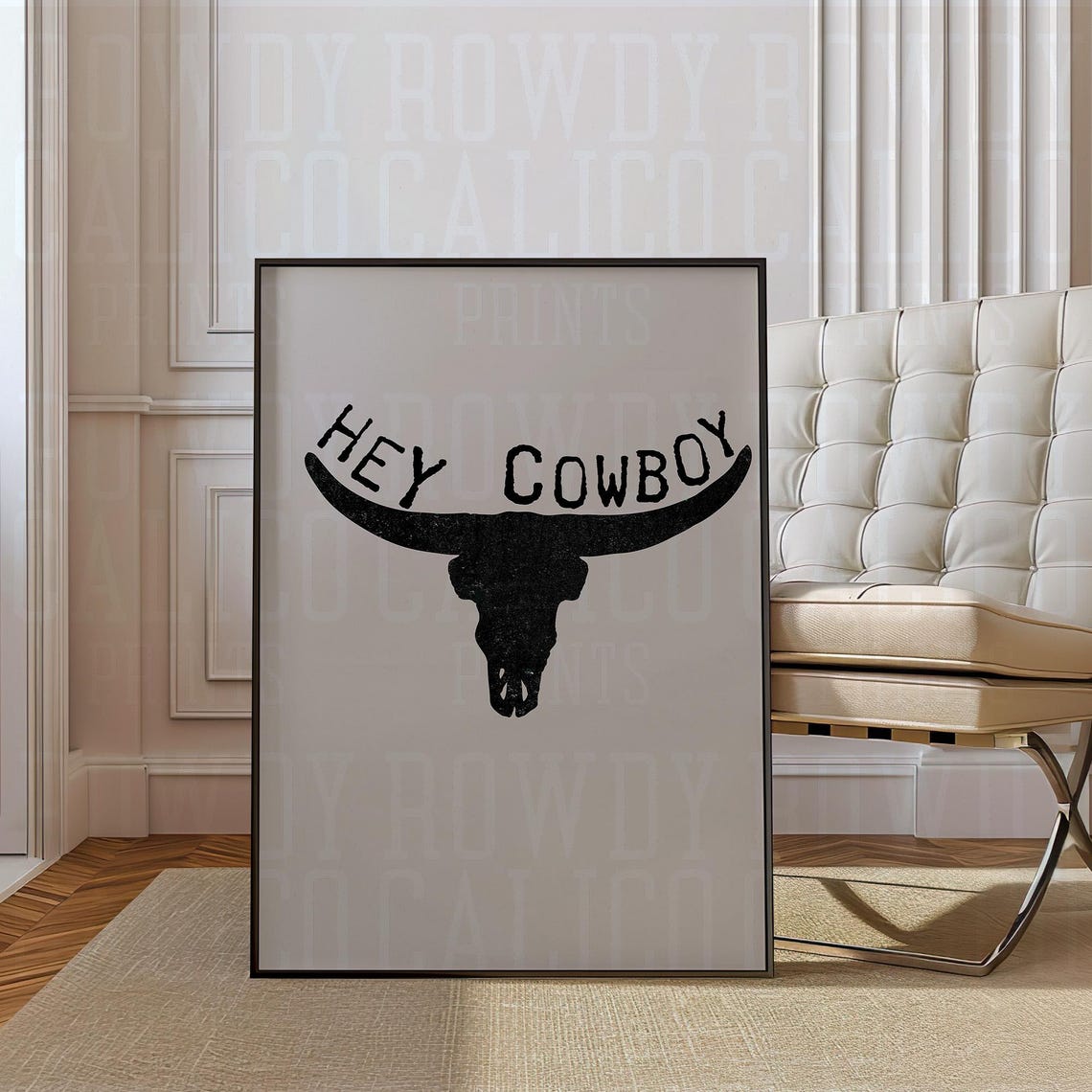 Hey Cowboy Arched Type Black Longhorn Skull Rustic Western Art Poster