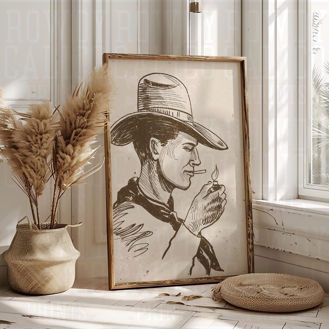 Cowboy Lighting Cigarette Hat Portrait Vintage Western Poster
