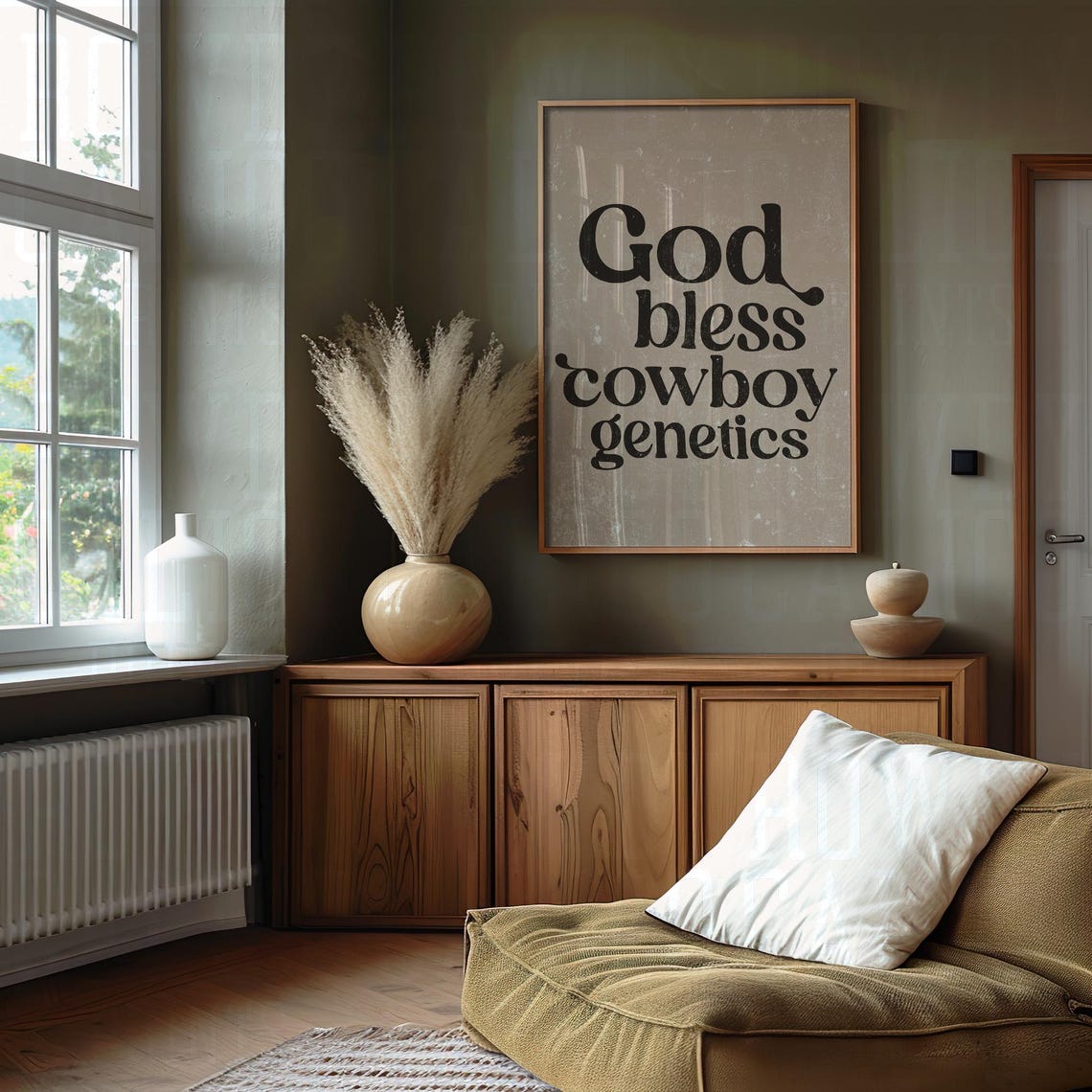 God Bless Cowboy Genetics Bold Retro Type Weathered Tan Ranch Poster - Image 2