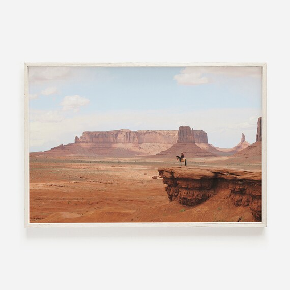 Cowboy on Horseback at Monument Valley Red Rock Desert Landscape Poster
