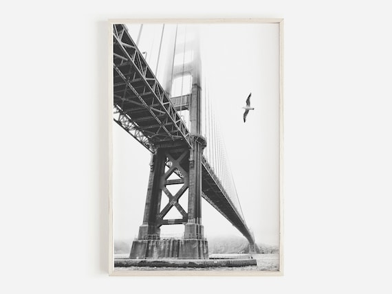 Golden Gate Bridge Rising Through Fog Black White Photography Poster