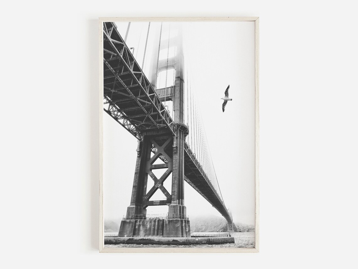 Golden Gate Bridge Rising Through Fog Black White Photography Poster