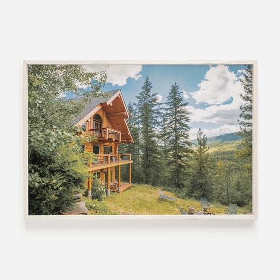 Two Story Log Cabin Lodge Among Tall Evergreen Pines Mountain Poster