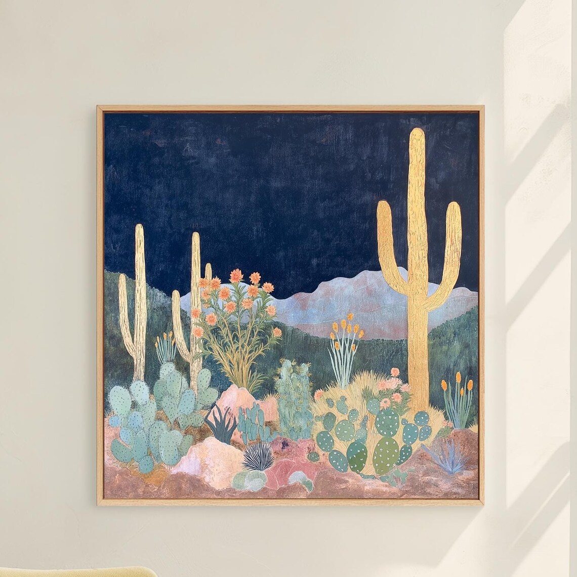Gold Cactus Night Desert Scene Dark Blue Southwest Art Poster
